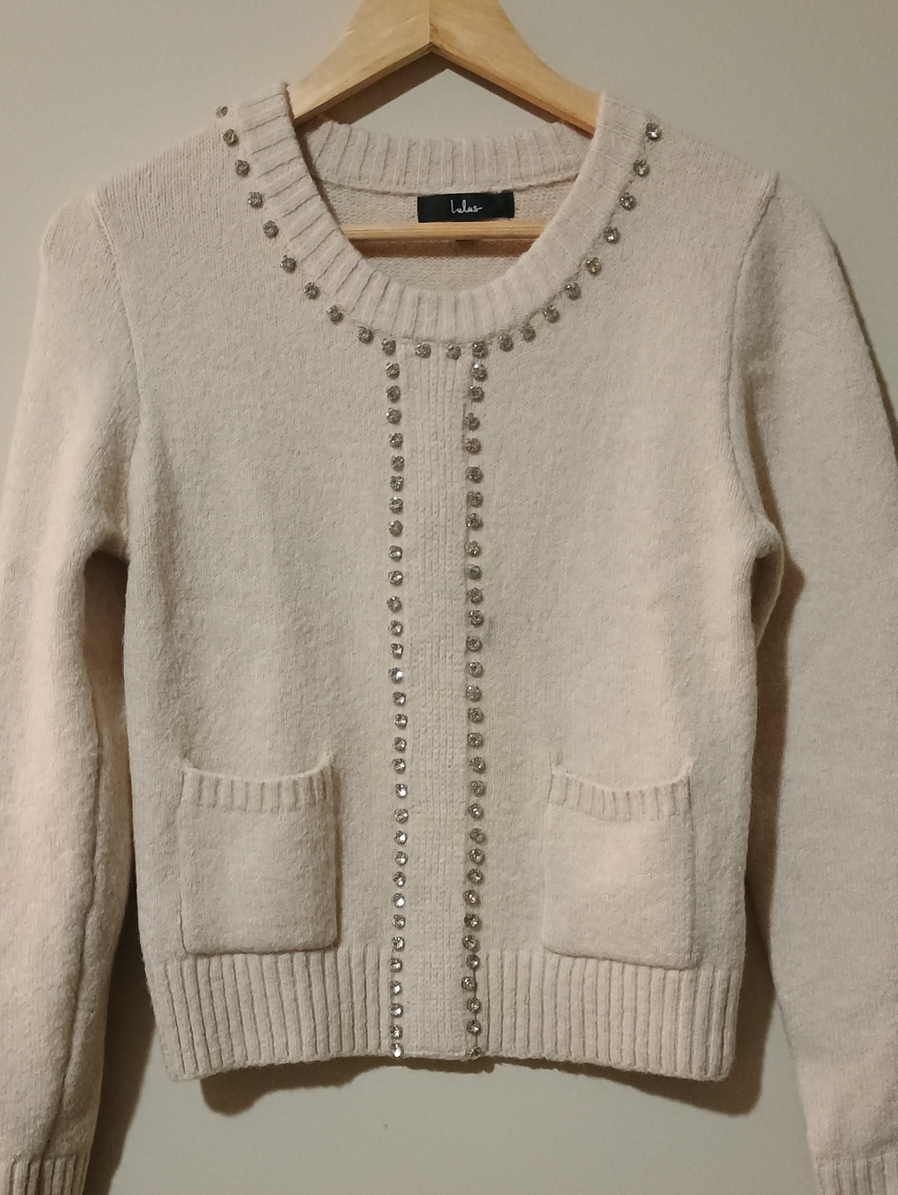 Lulus NWOT Sparkling Appeal Heather Cream Rhinestone Sweater Size Small